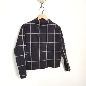 Tahari Black White Stripe Boxy Sweater Herringbone High Neck Boatneck Pullover